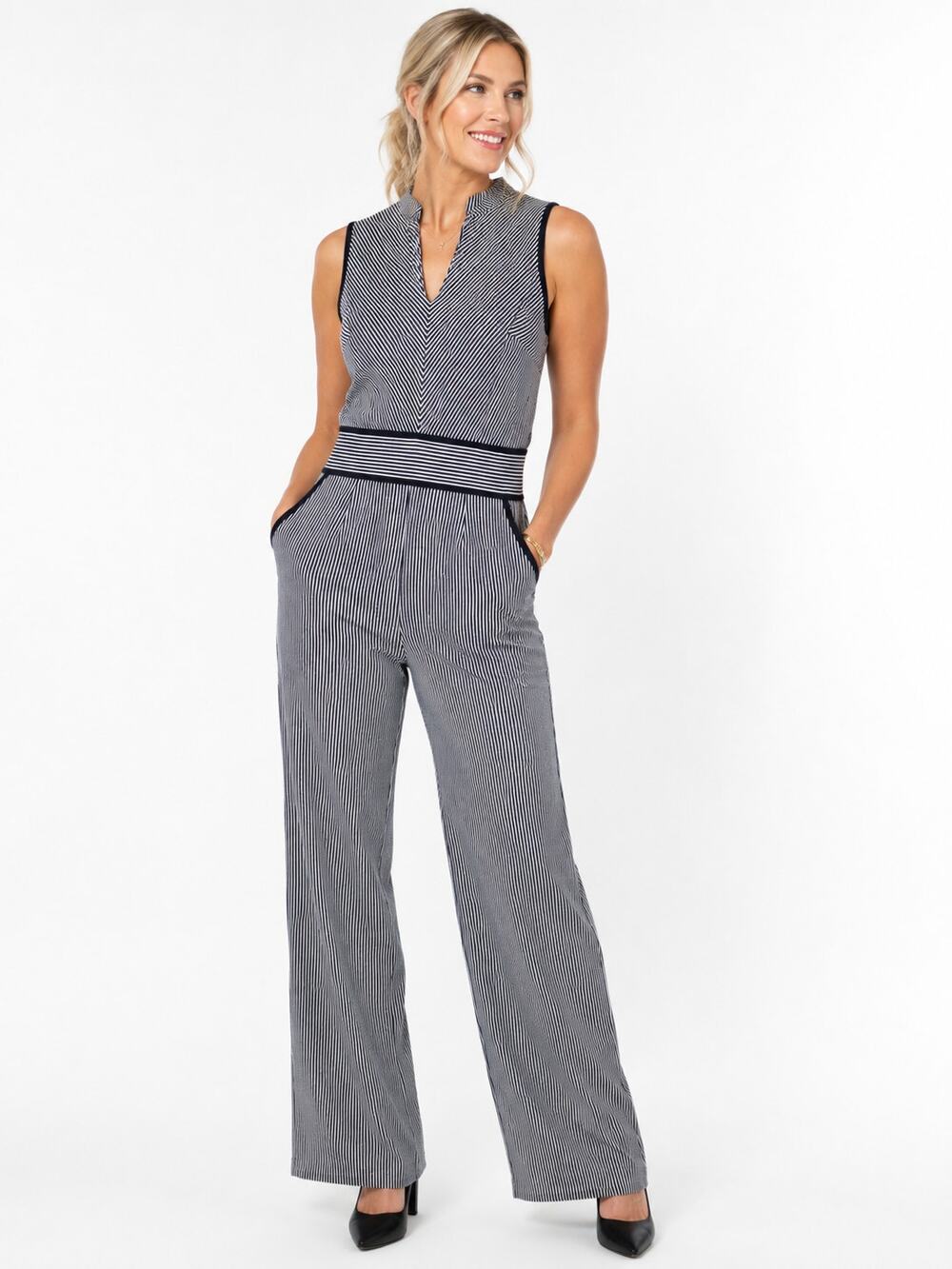 LR4608 Monteau Womens Medium Navy White Striped Wide Leg Jumpsuit Office Career